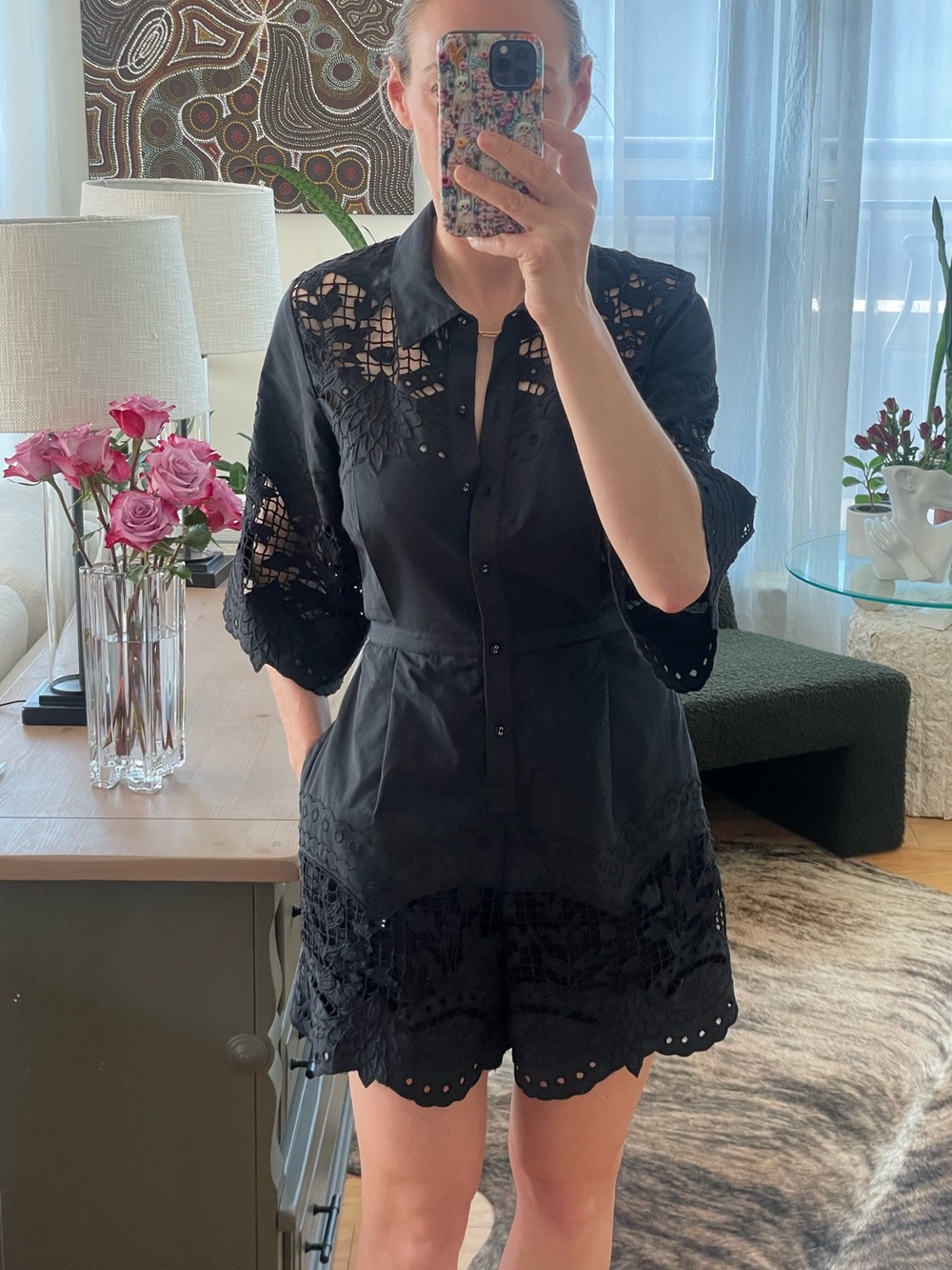 Ranna Gill Black Eyelet Lace Short Romper